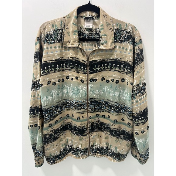 Tag Jackets & Blazers - Vintage TAG Floral Stripe Zip Up Jacket Tan Sage Green Botanical Medium 84011